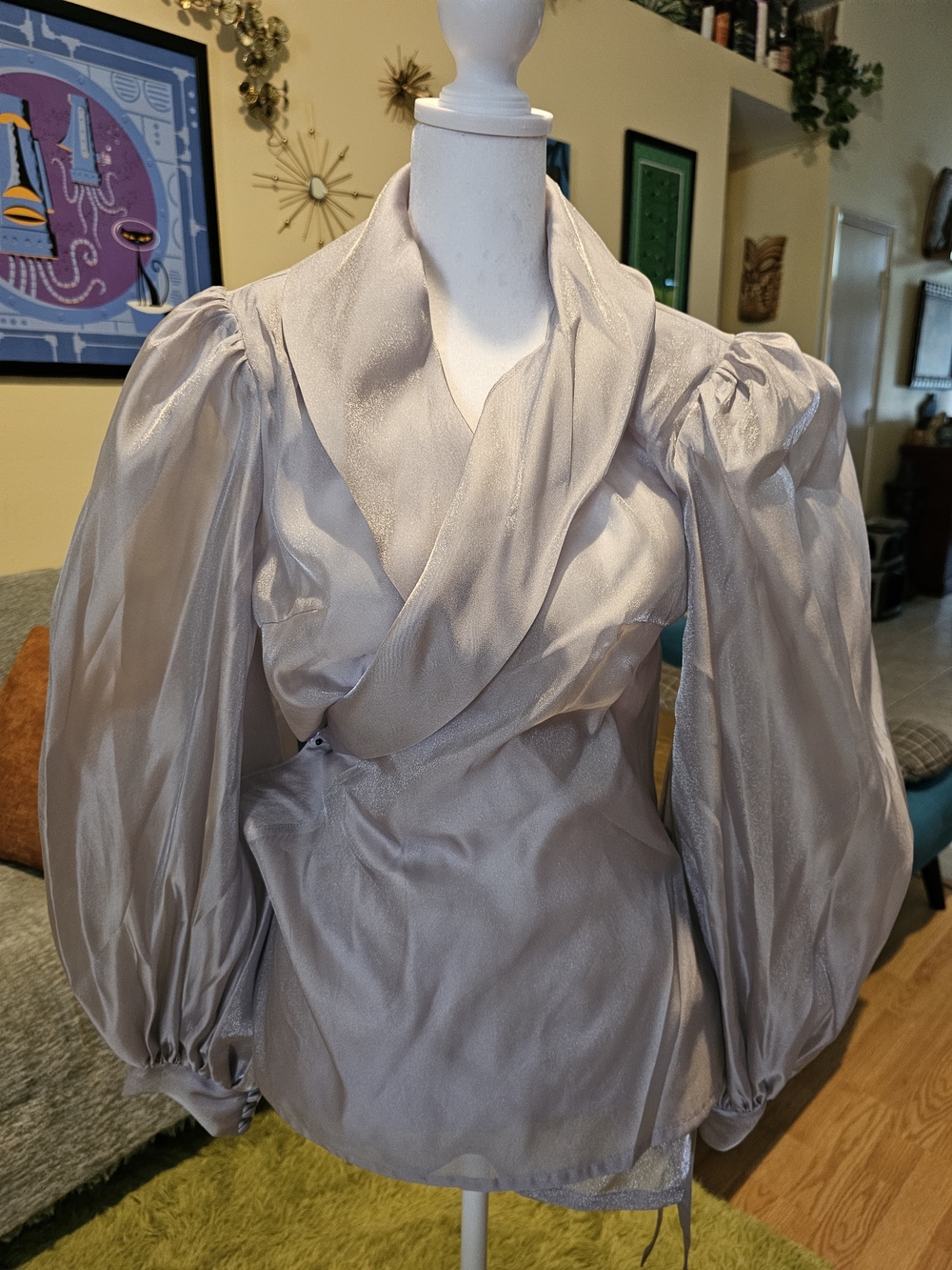 Elegant Organza Puff-Sleeve Blouse in Silver Pinup Retro